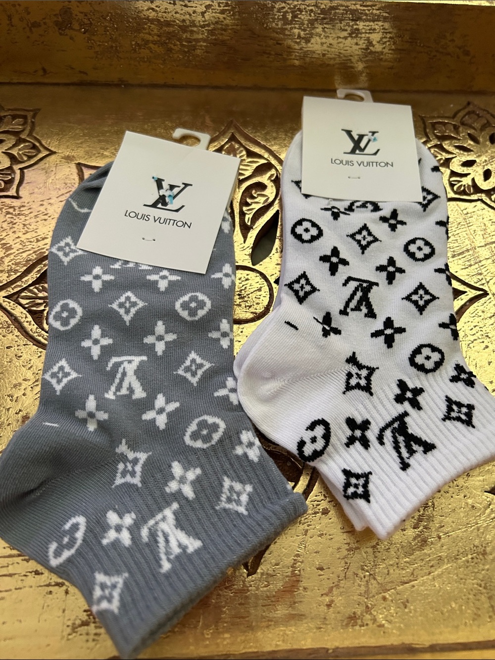 Louis Vuitton Ankle Socks in White & Gray Monogram